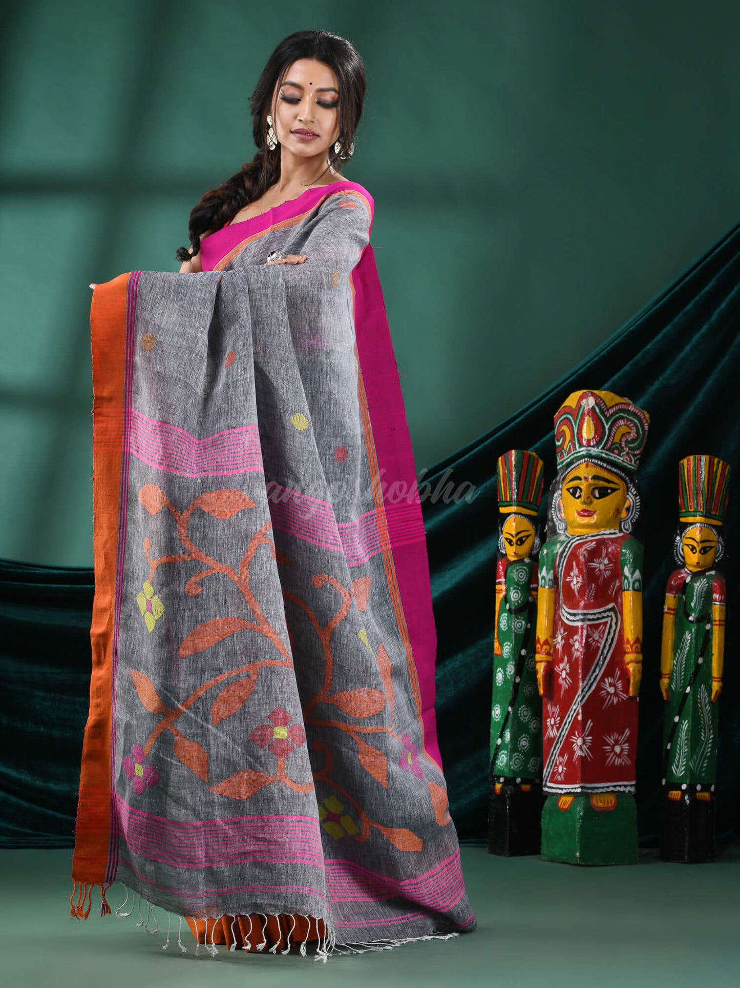 Grey Linen Handloom Saree