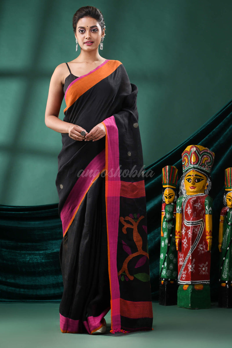 Black Linen Handloom Saree