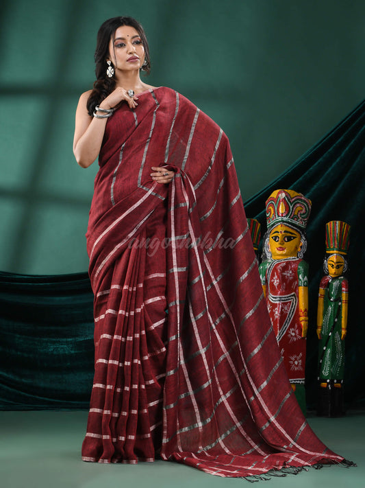 Maroon Linen Handloom Saree