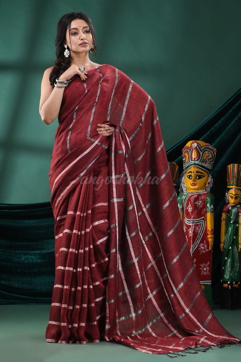 Maroon Linen Handloom Saree