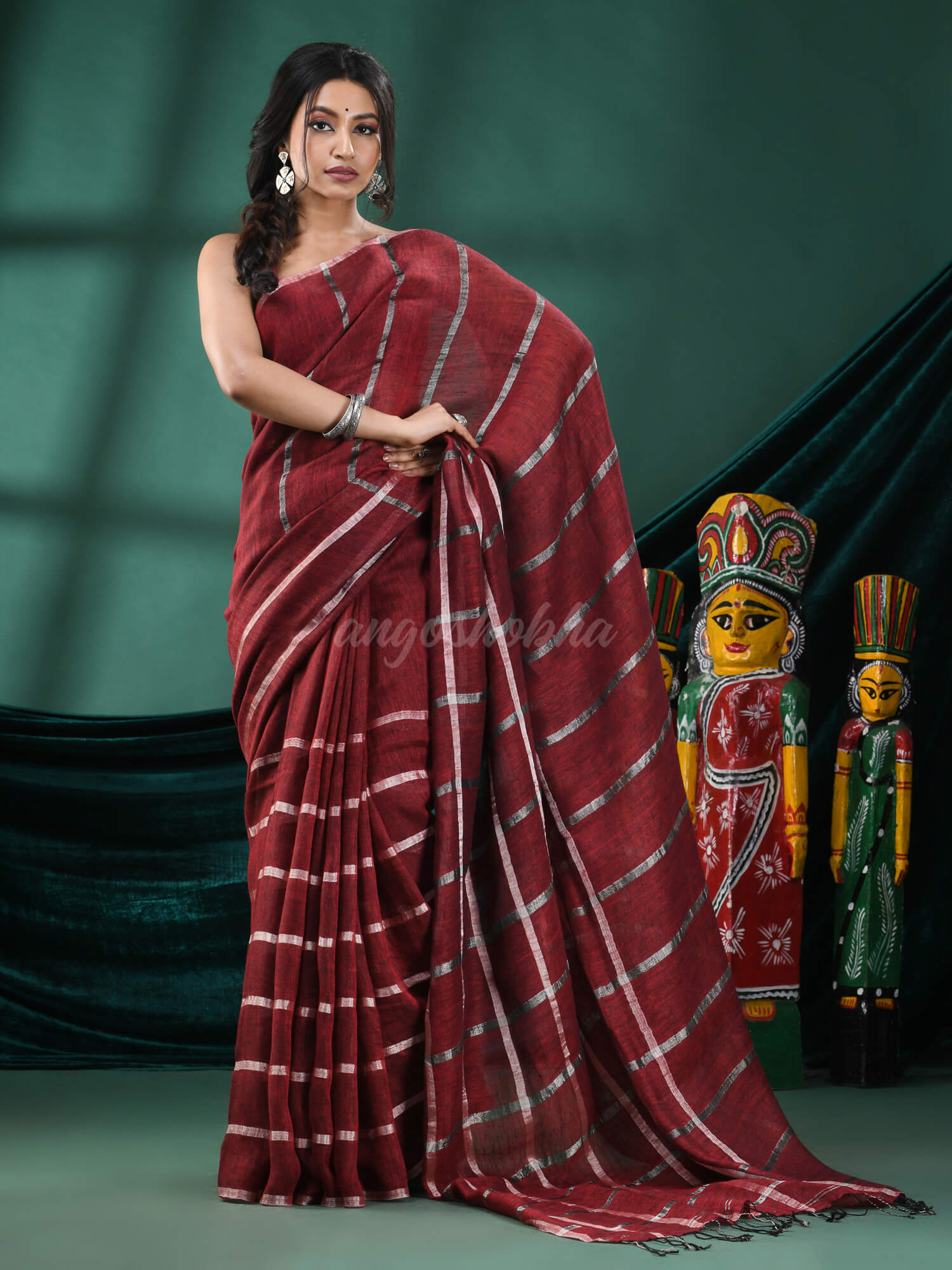 Maroon Linen Handloom Saree