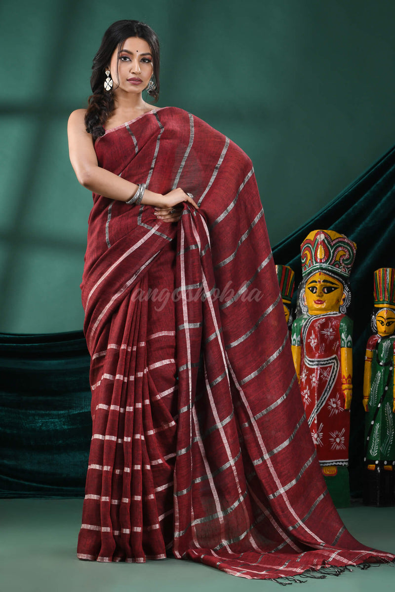 Maroon Linen Handloom Saree