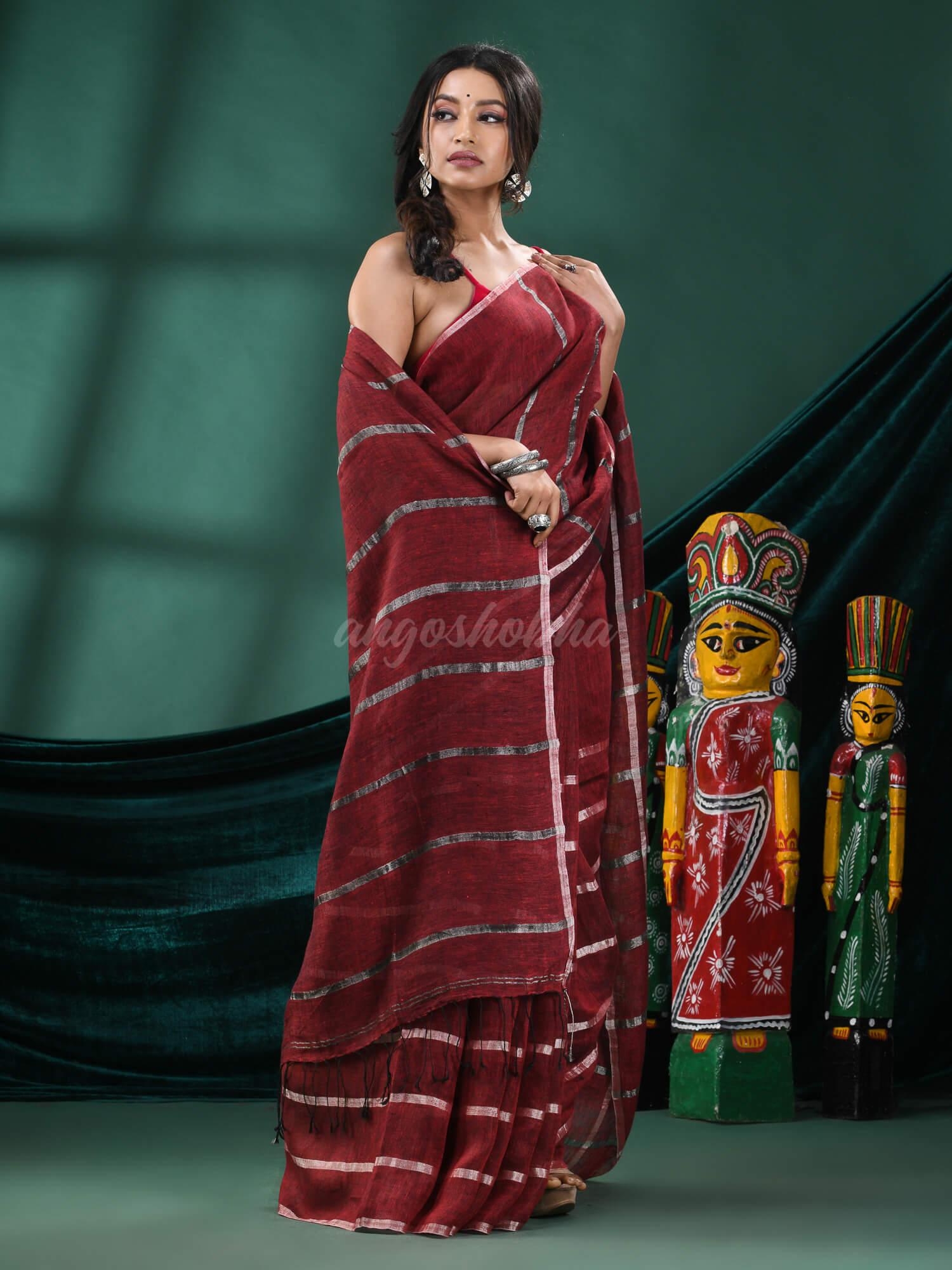 Maroon Linen Handloom Saree