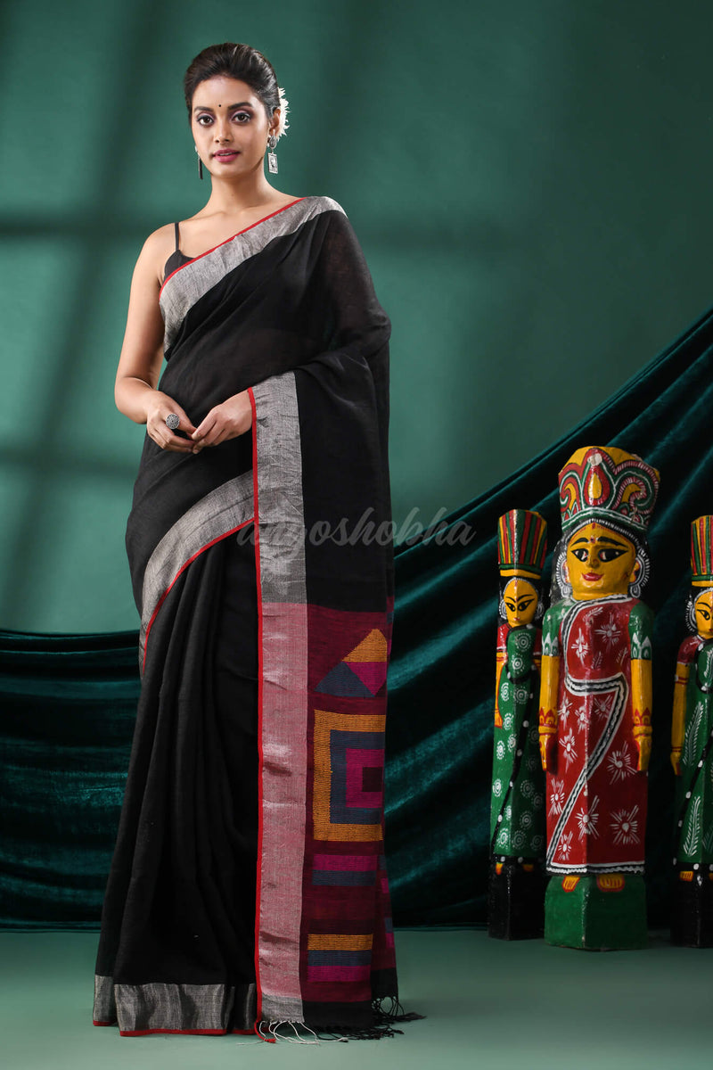 Black Linen Handloom Saree