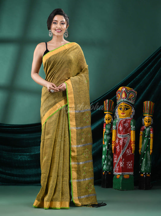 Lemon Yellow Linen Handloom Saree