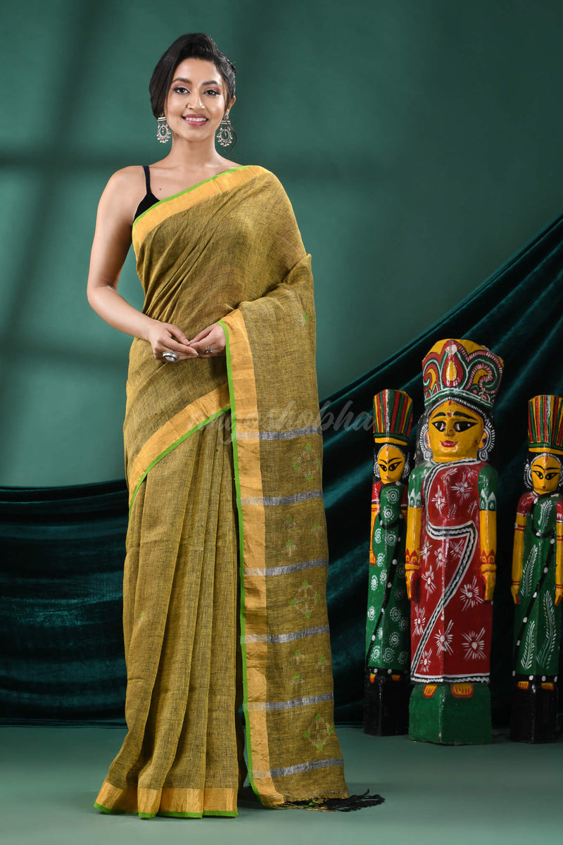 Lemon Yellow Linen Handloom Saree