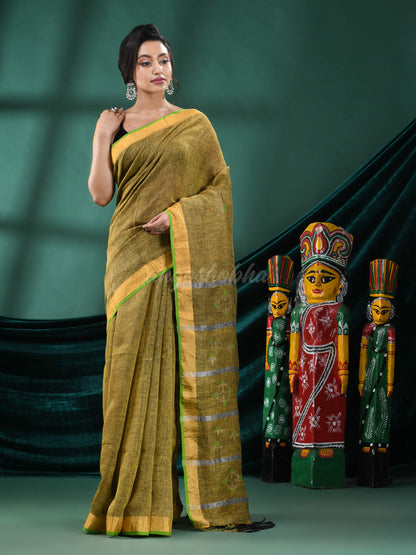 Lemon Yellow Linen Handloom Saree