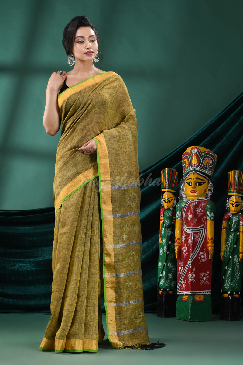 Lemon Yellow Linen Handloom Saree