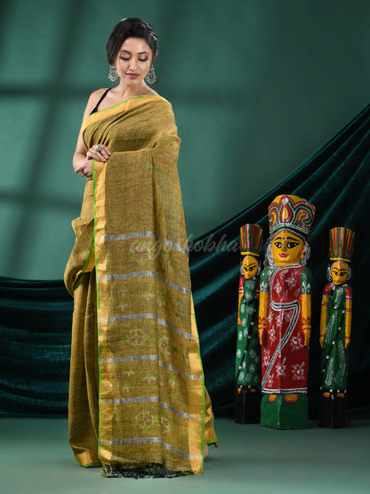 Lemon Yellow Linen Handloom Saree