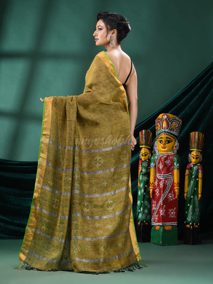 Lemon Yellow Linen Handloom Saree