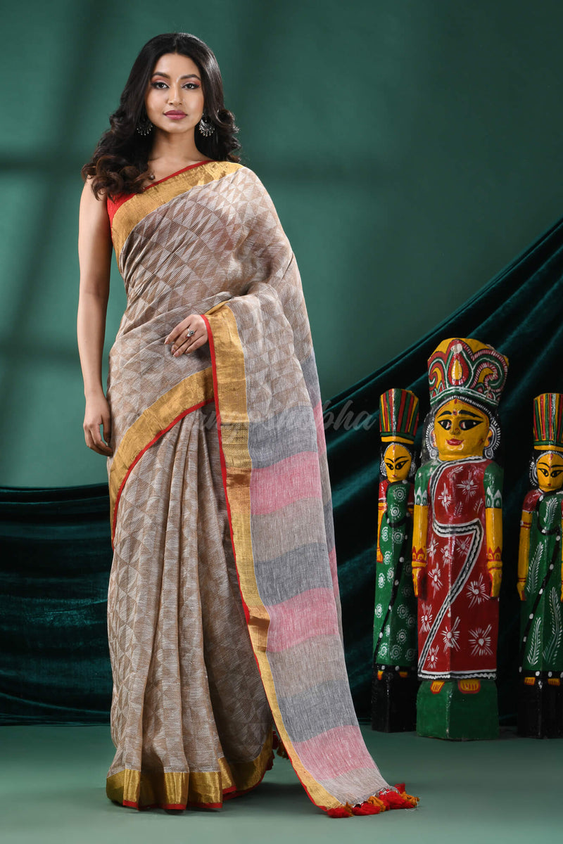 Brown Linen Handloom Saree