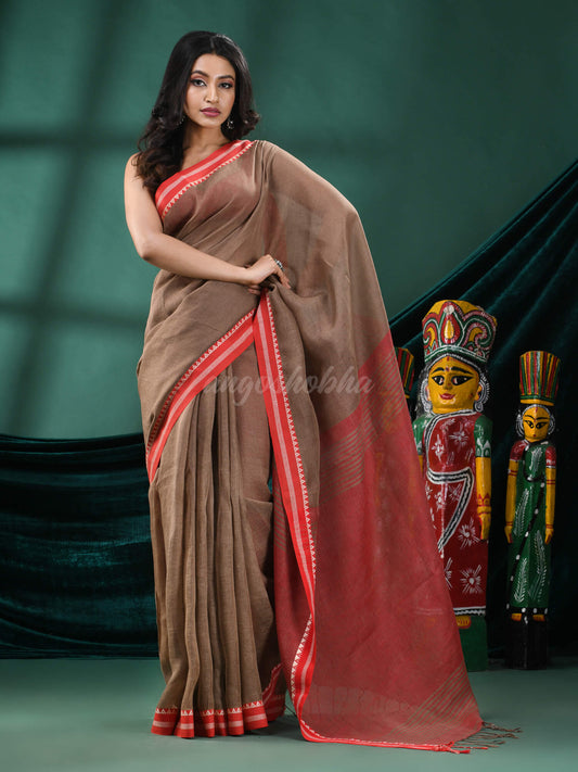 Brown Linen Handloom Saree