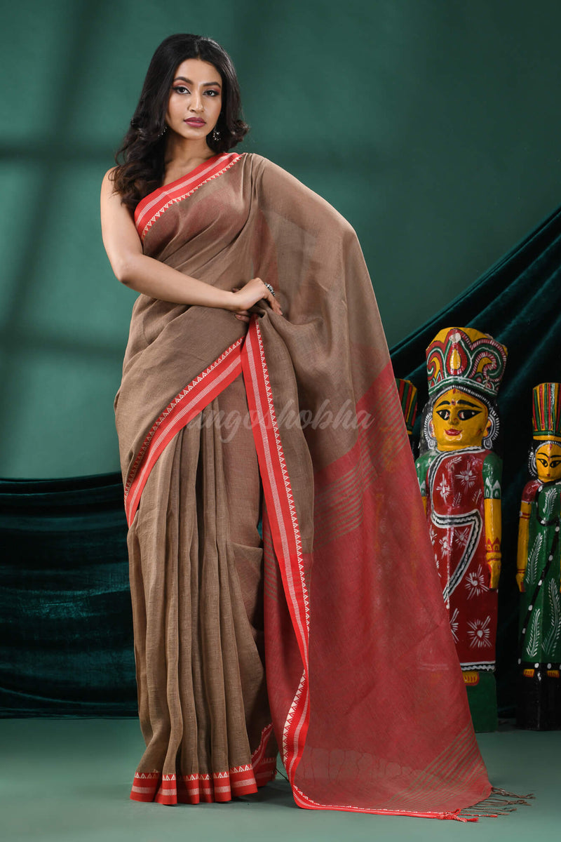 Brown Linen Handloom Saree