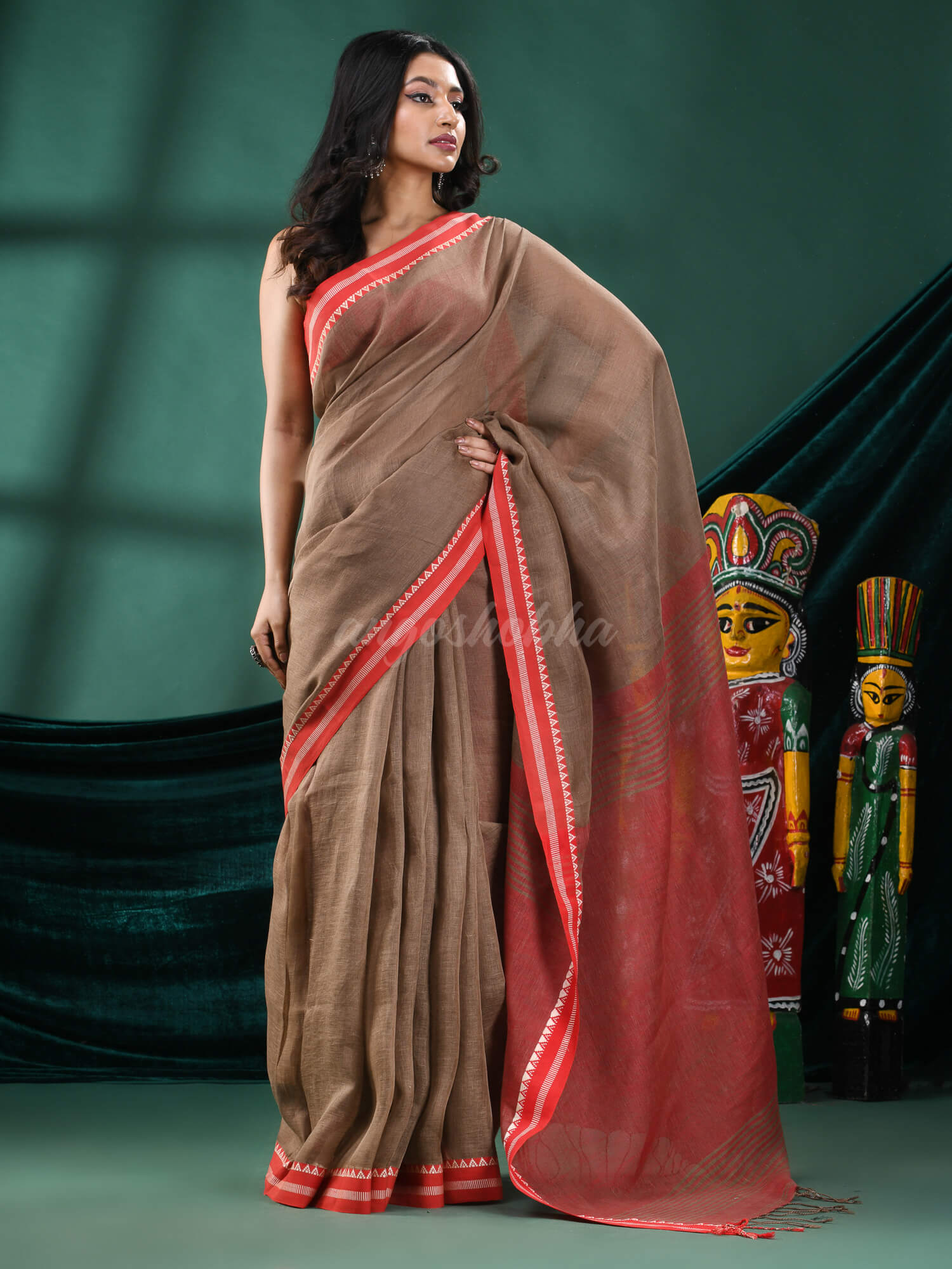 Brown Linen Handloom Saree