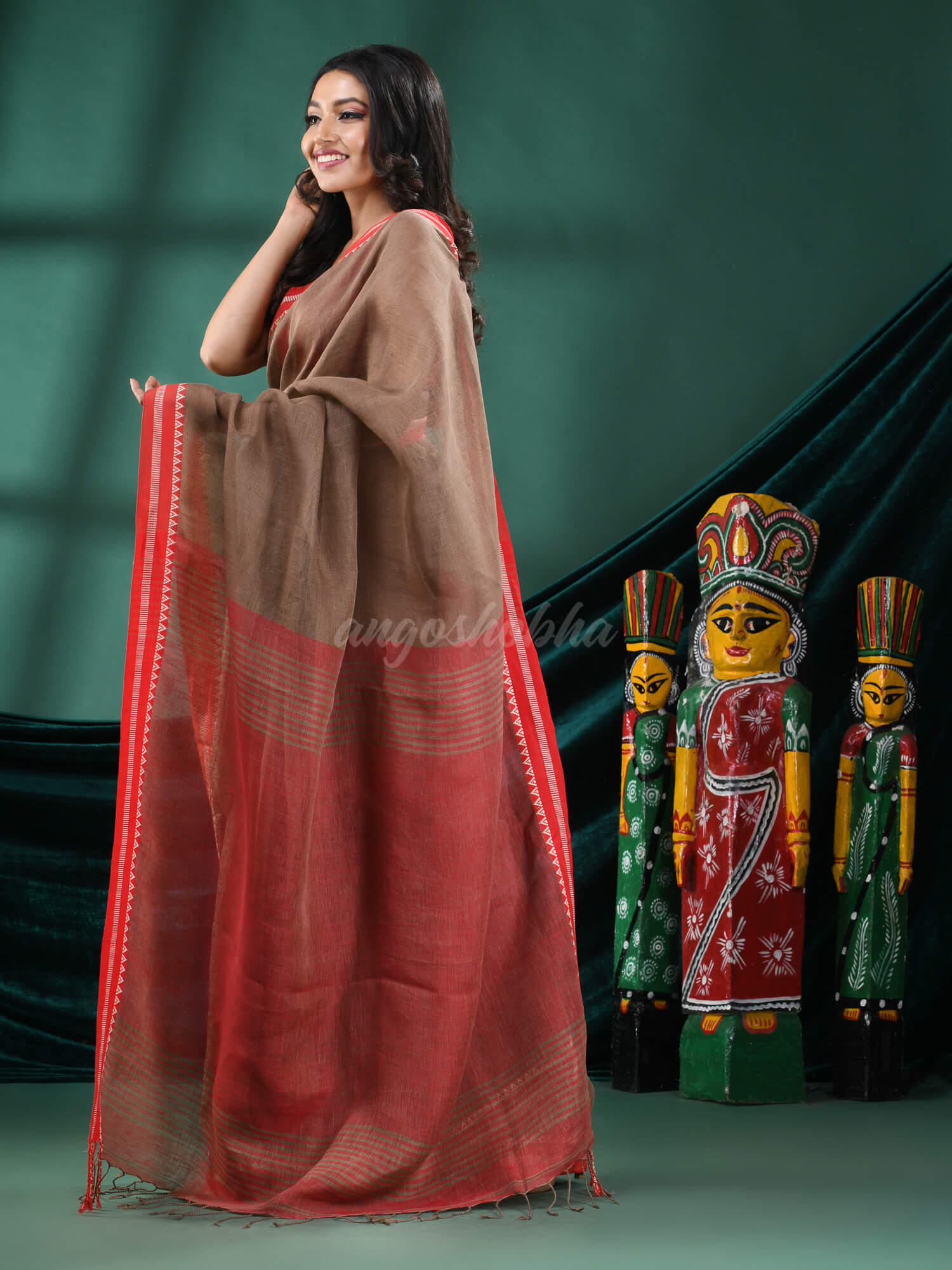 Brown Linen Handloom Saree