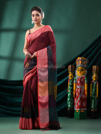 Maroon Linen Handloom Saree