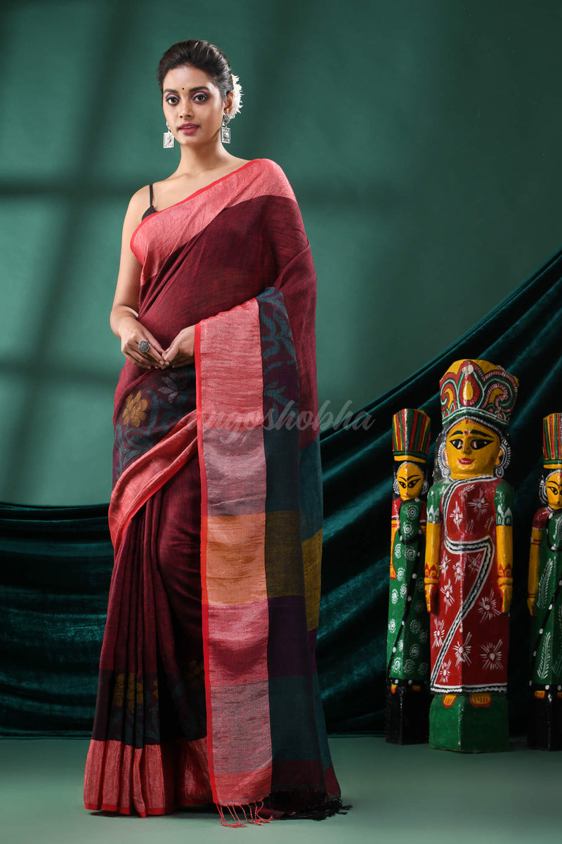 Maroon Linen Handloom Saree