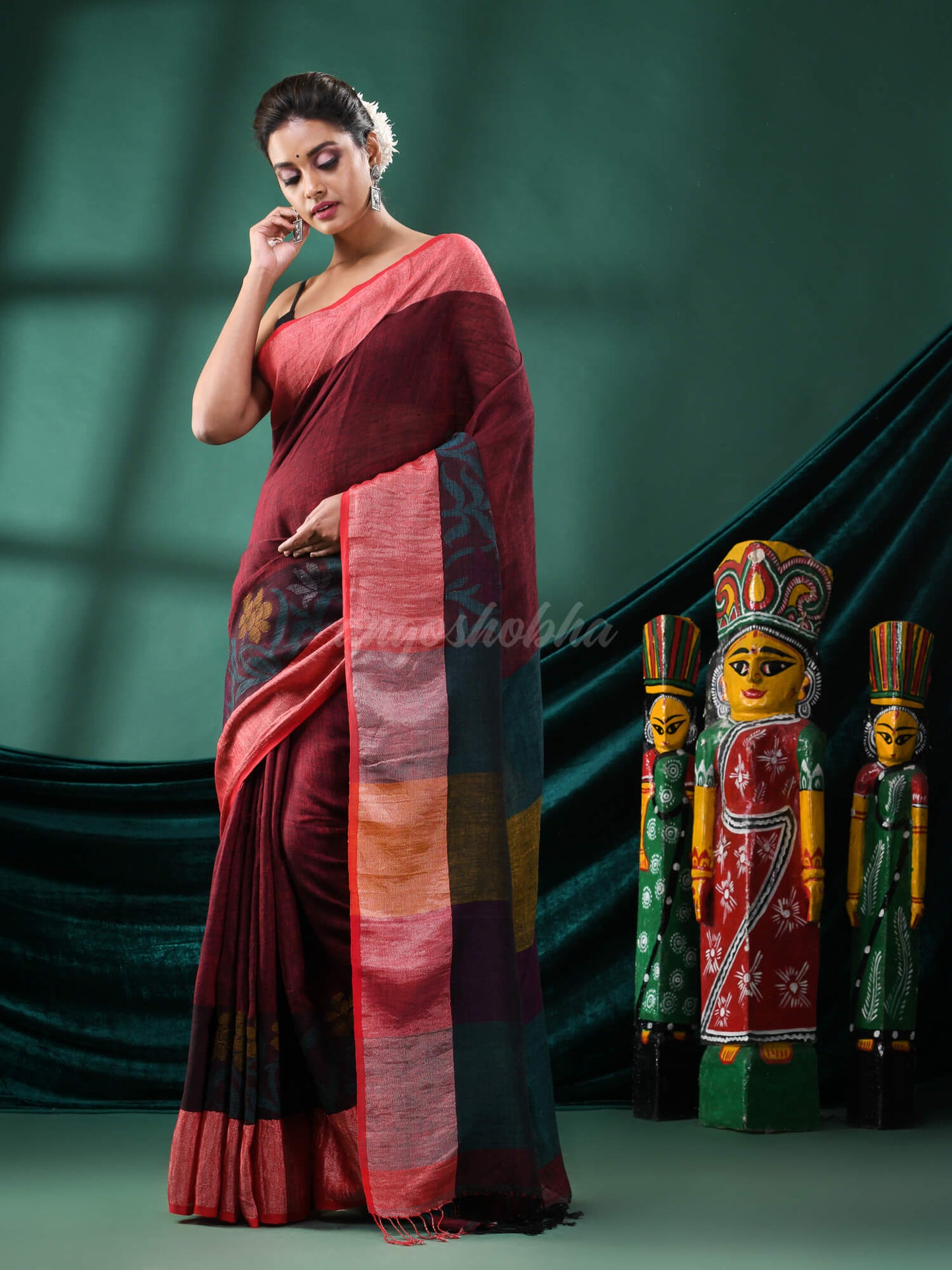 Maroon Linen Handloom Saree