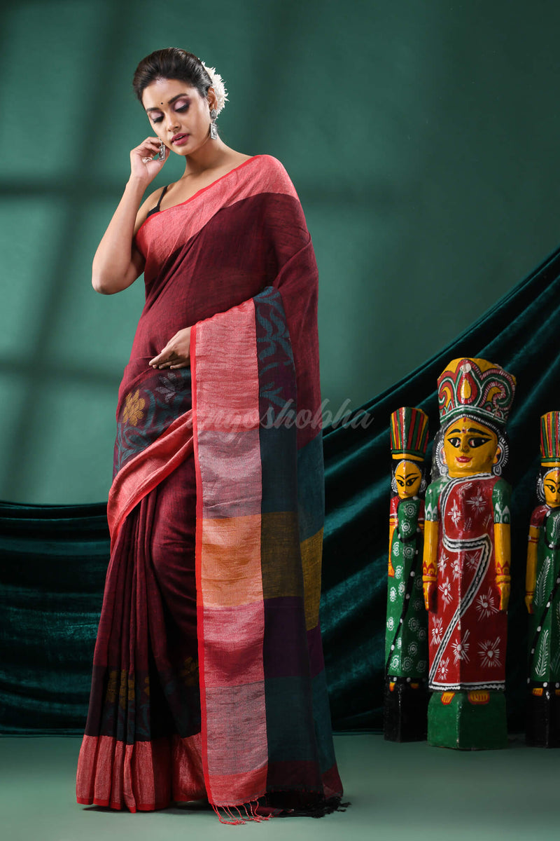 Maroon Linen Handloom Saree