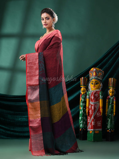 Maroon Linen Handloom Saree