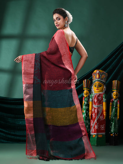 Maroon Linen Handloom Saree