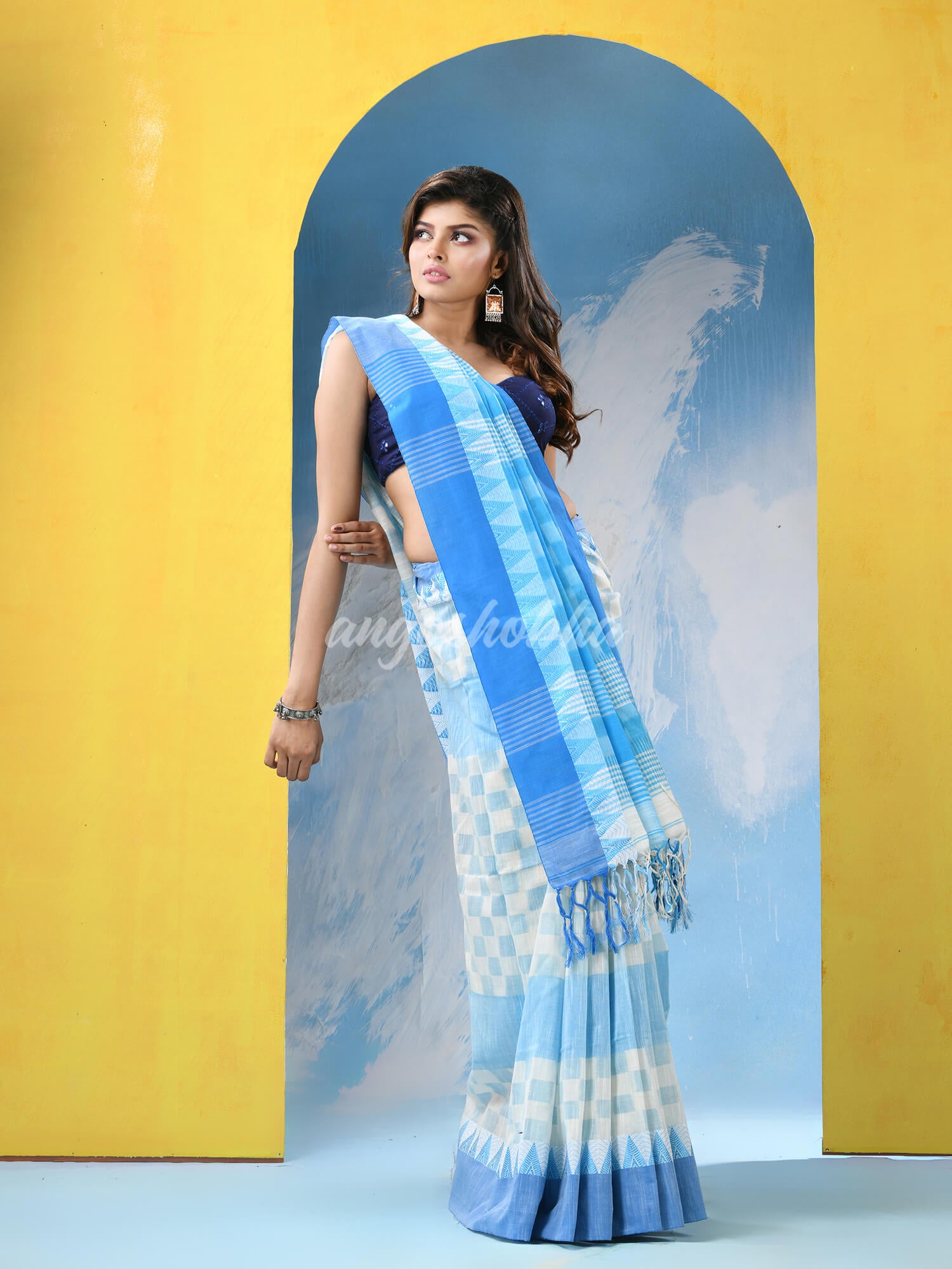 White Sky Blue Cotton Handloom Saree