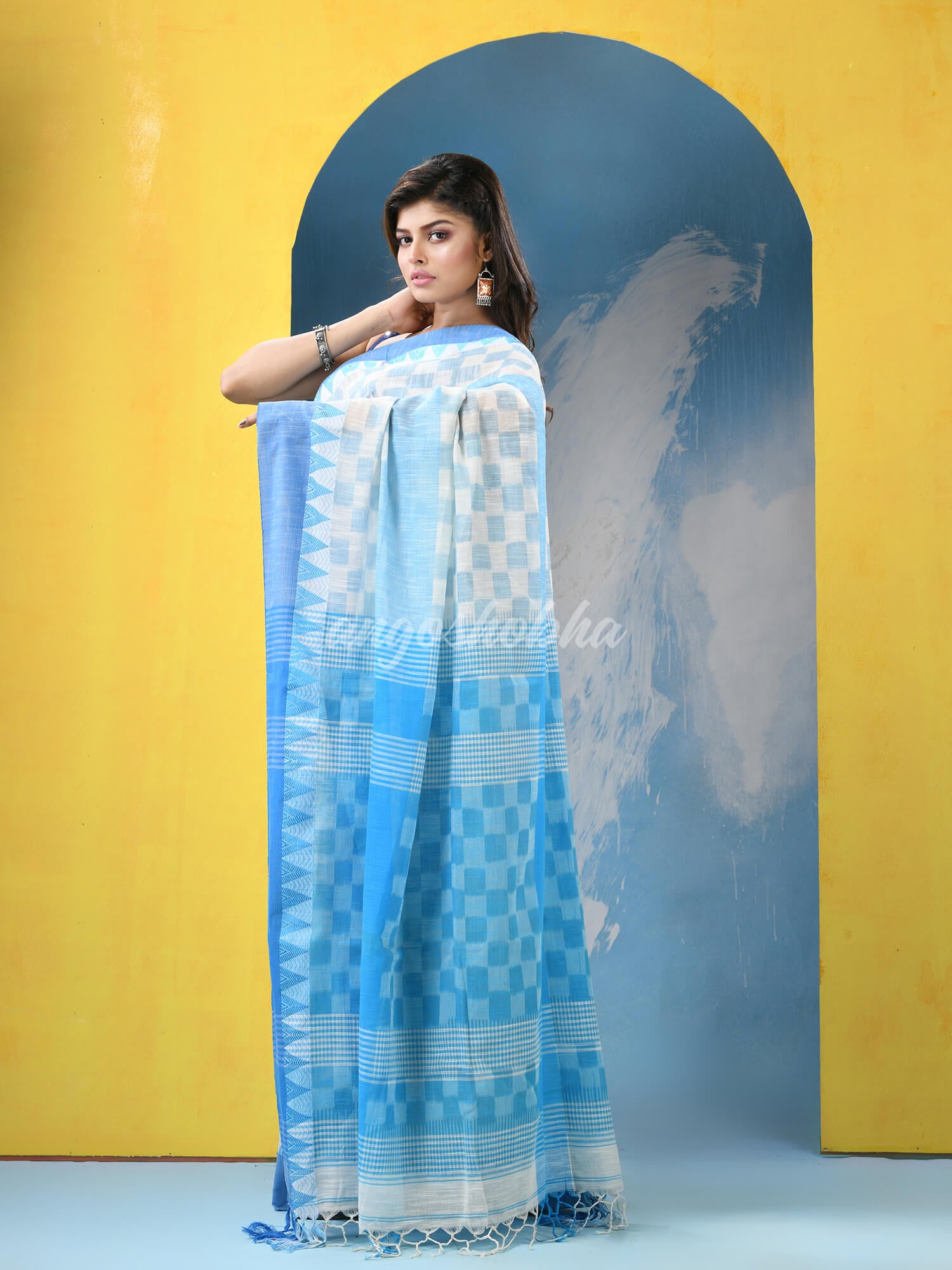White Sky Blue Cotton Handloom Saree