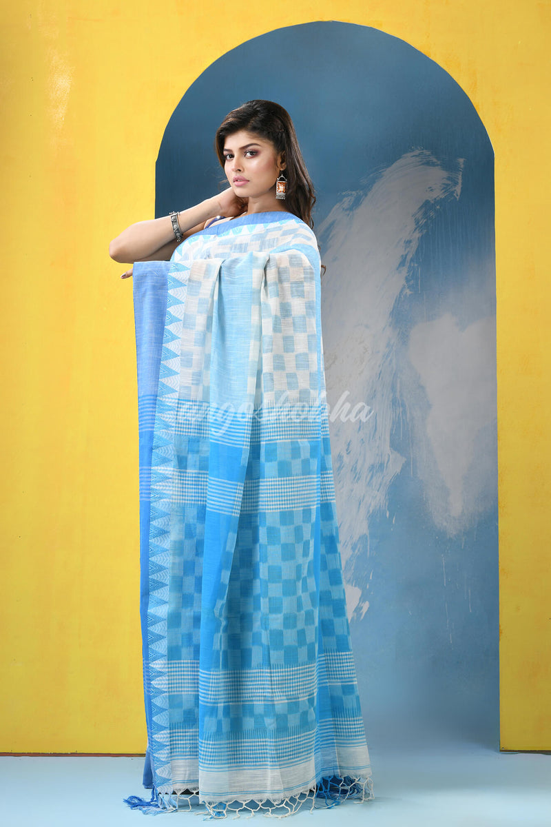 White Sky Blue Cotton Handloom Saree
