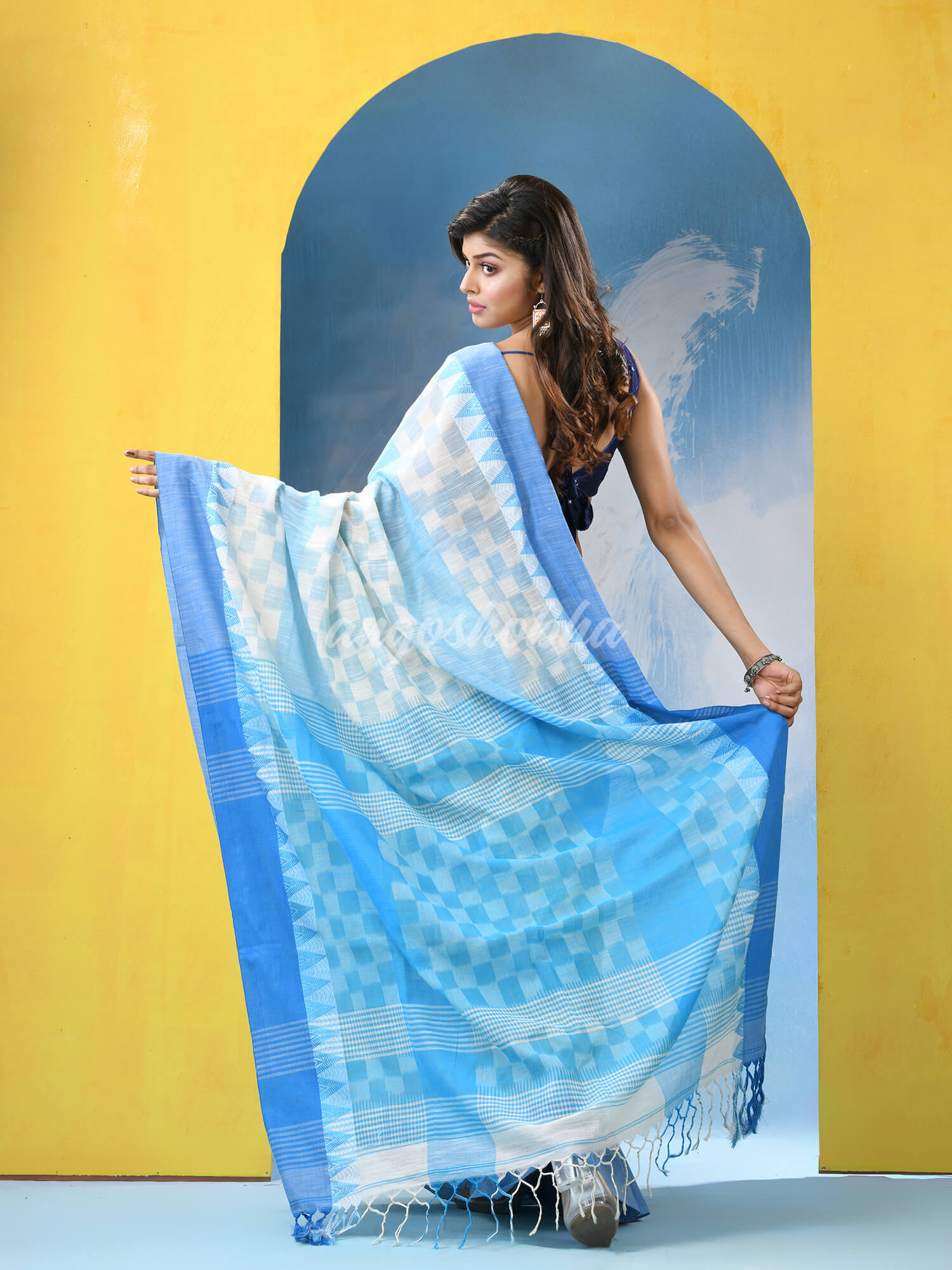 White Sky Blue Cotton Handloom Saree