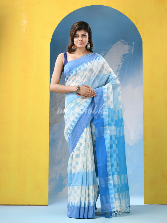 White Sky Blue Cotton Handloom Saree