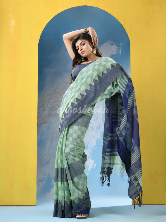 Light Green Blue Cotton Handloom Saree