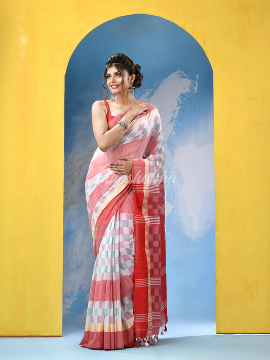 White Red Cotton Handloom Saree