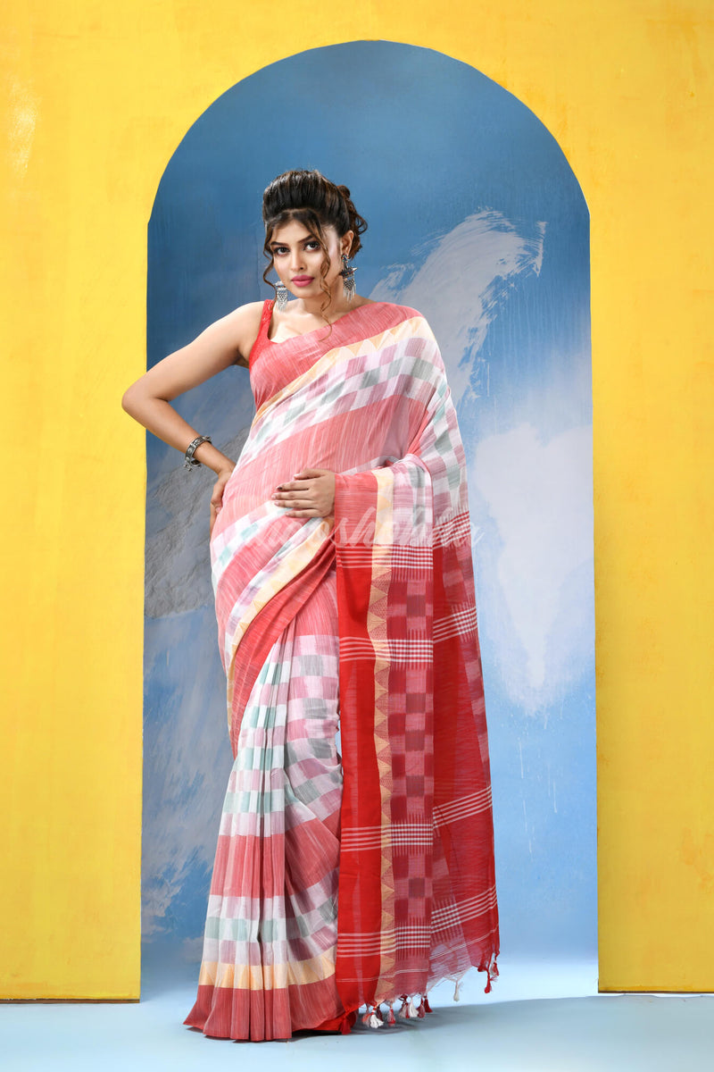 White Red Cotton Handloom Saree