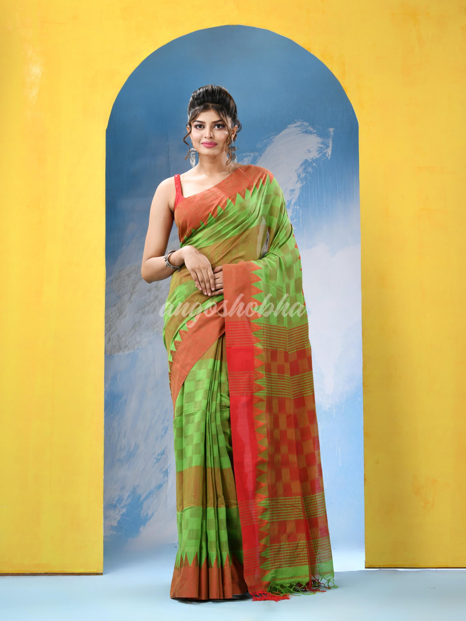 Green Red Cotton Handloom Saree