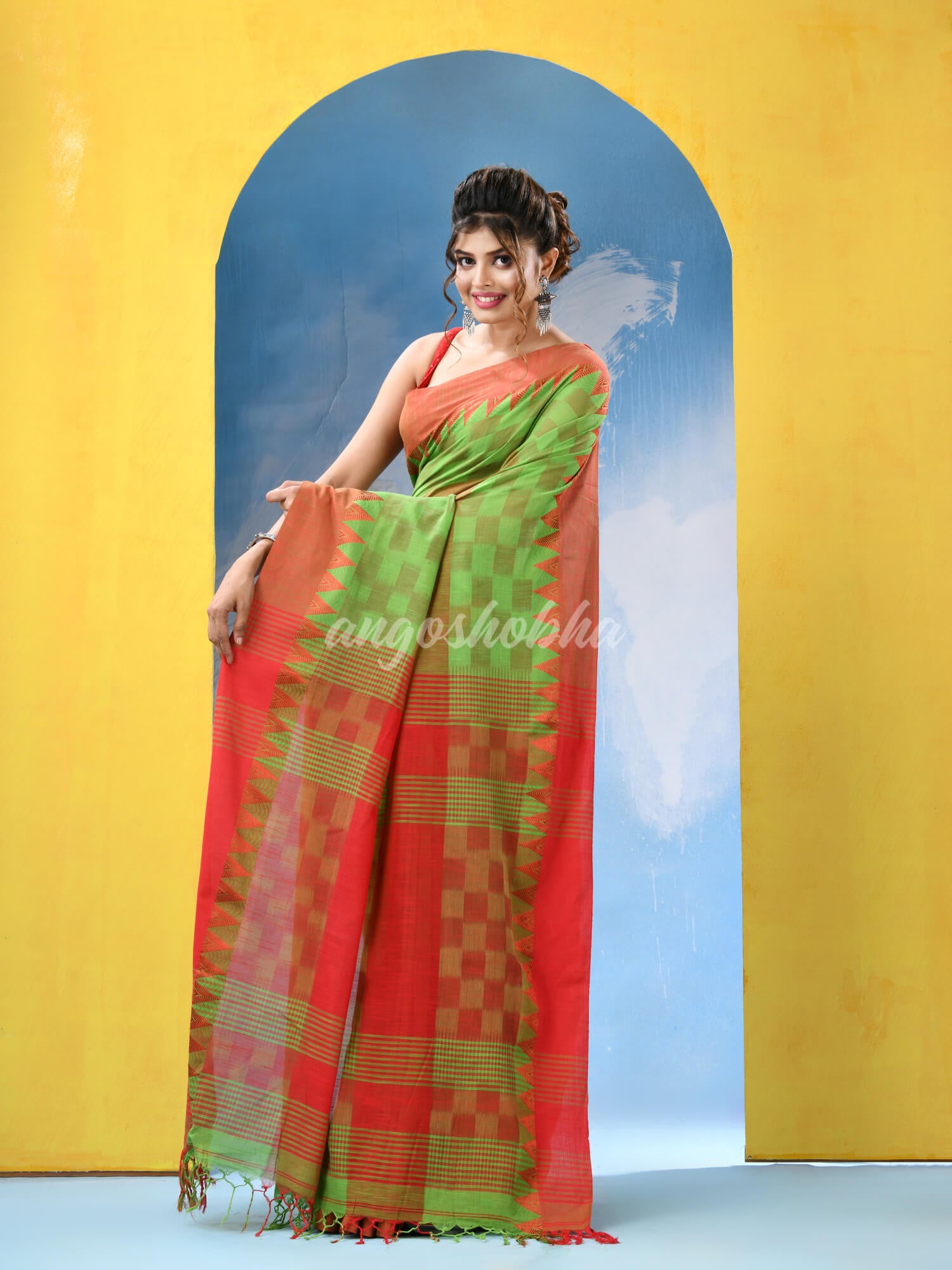 Green Red Cotton Handloom Saree