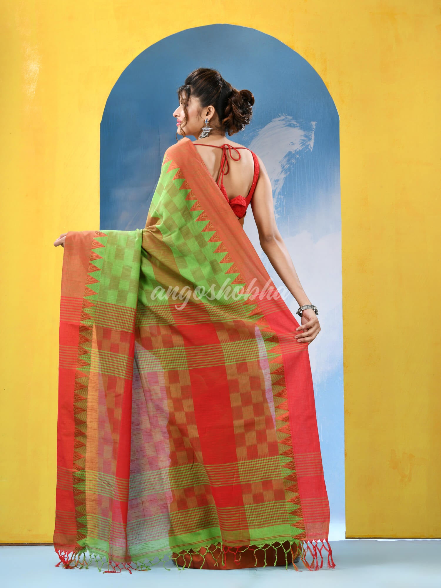 Green Red Cotton Handloom Saree
