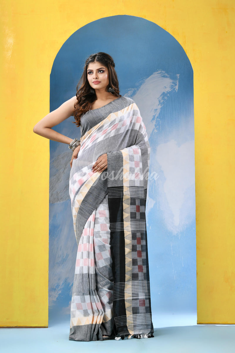 White Black Cotton Handloom Saree