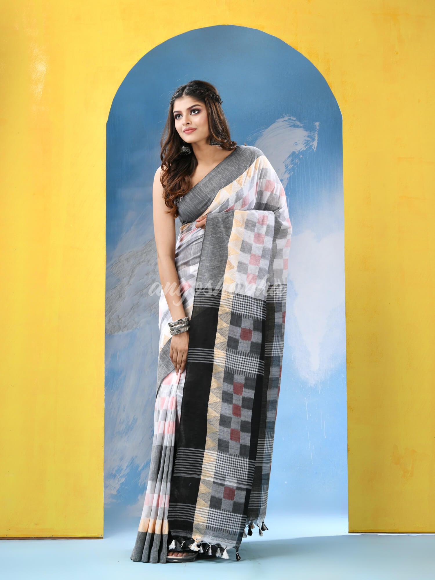 White Black Cotton Handloom Saree