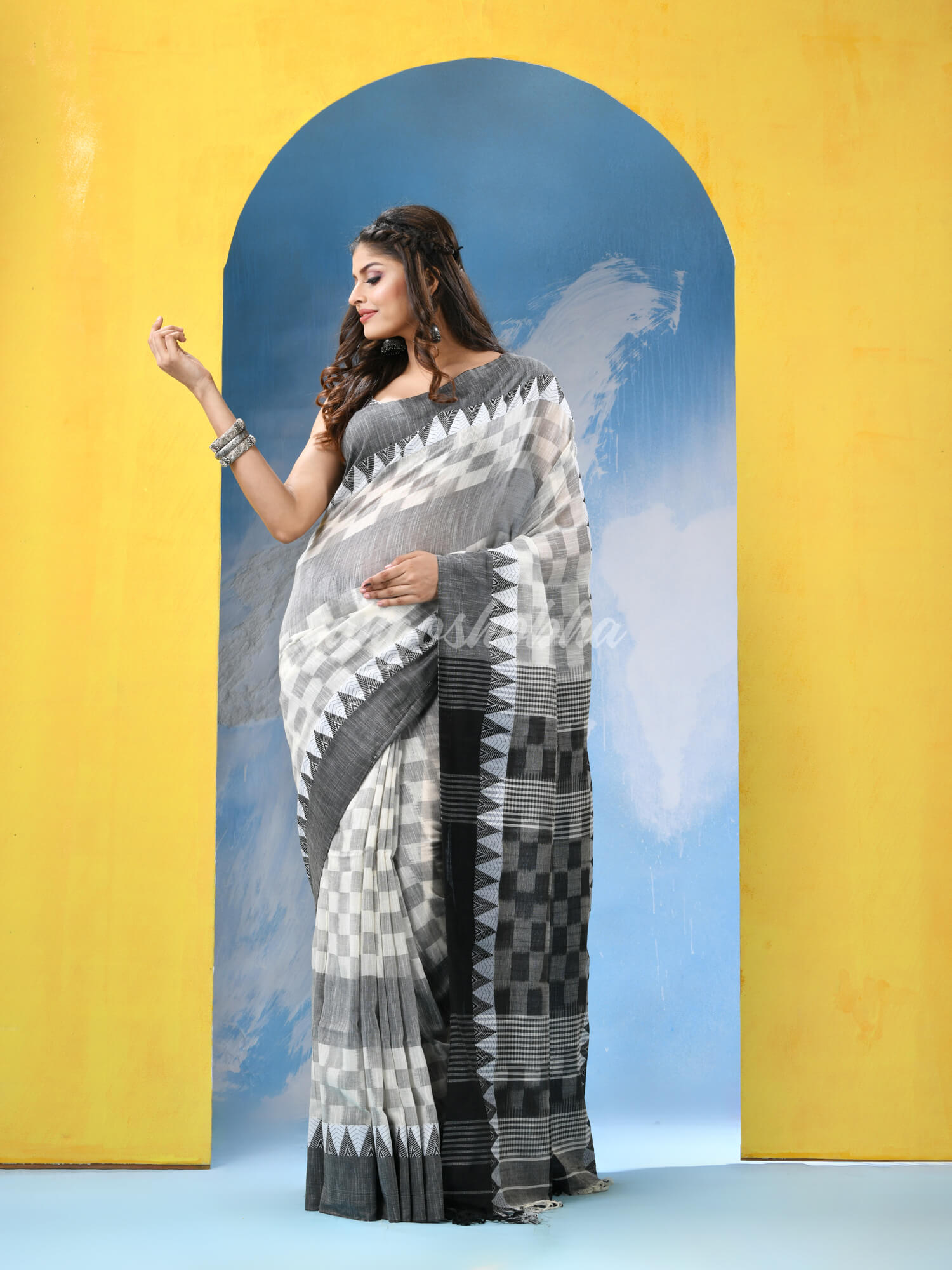 White Black Cotton Handloom Saree