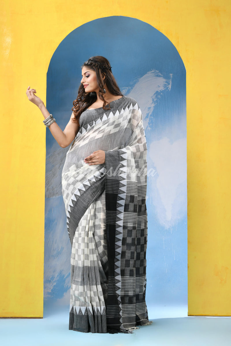 White Black Cotton Handloom Saree