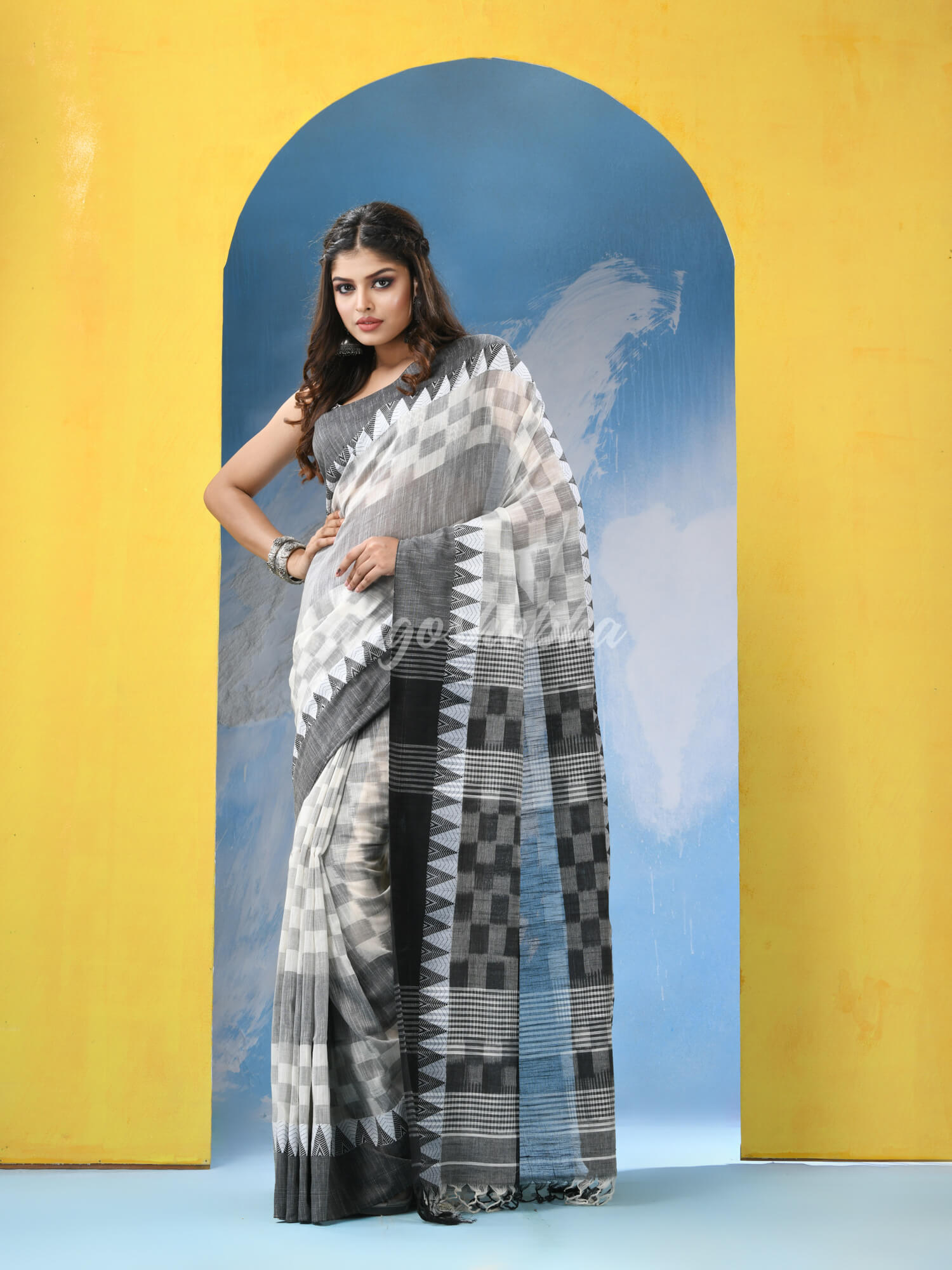 White Black Cotton Handloom Saree