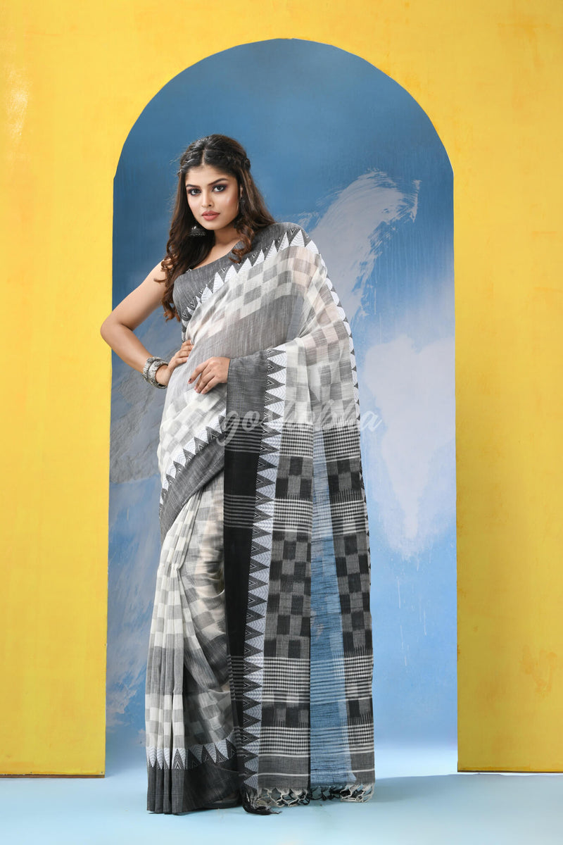White Black Cotton Handloom Saree