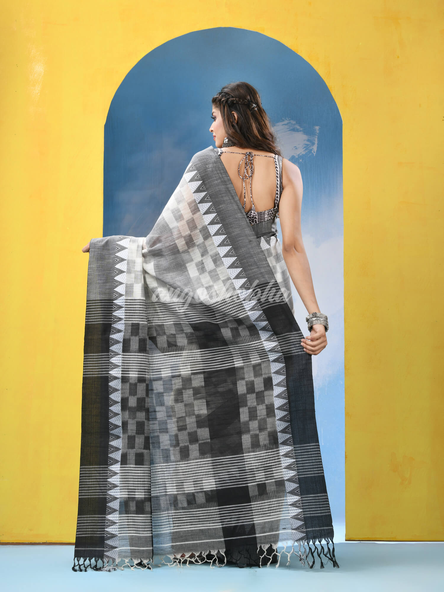 White Black Cotton Handloom Saree