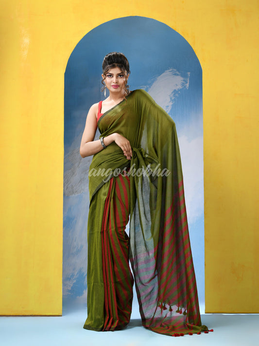 Crocodile Green Cotton Handloom Saree