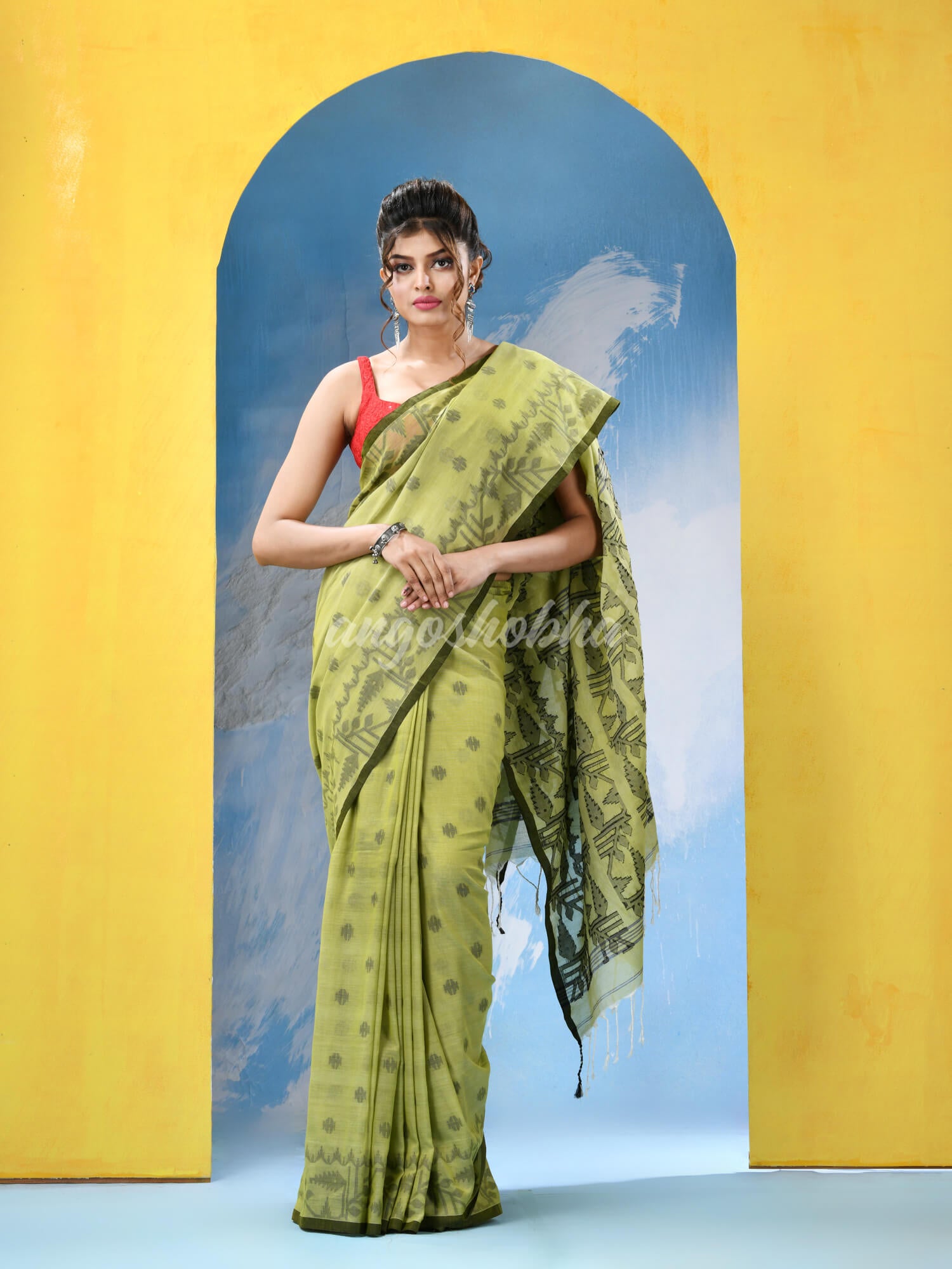 Olive Green Cotton Handloom Saree