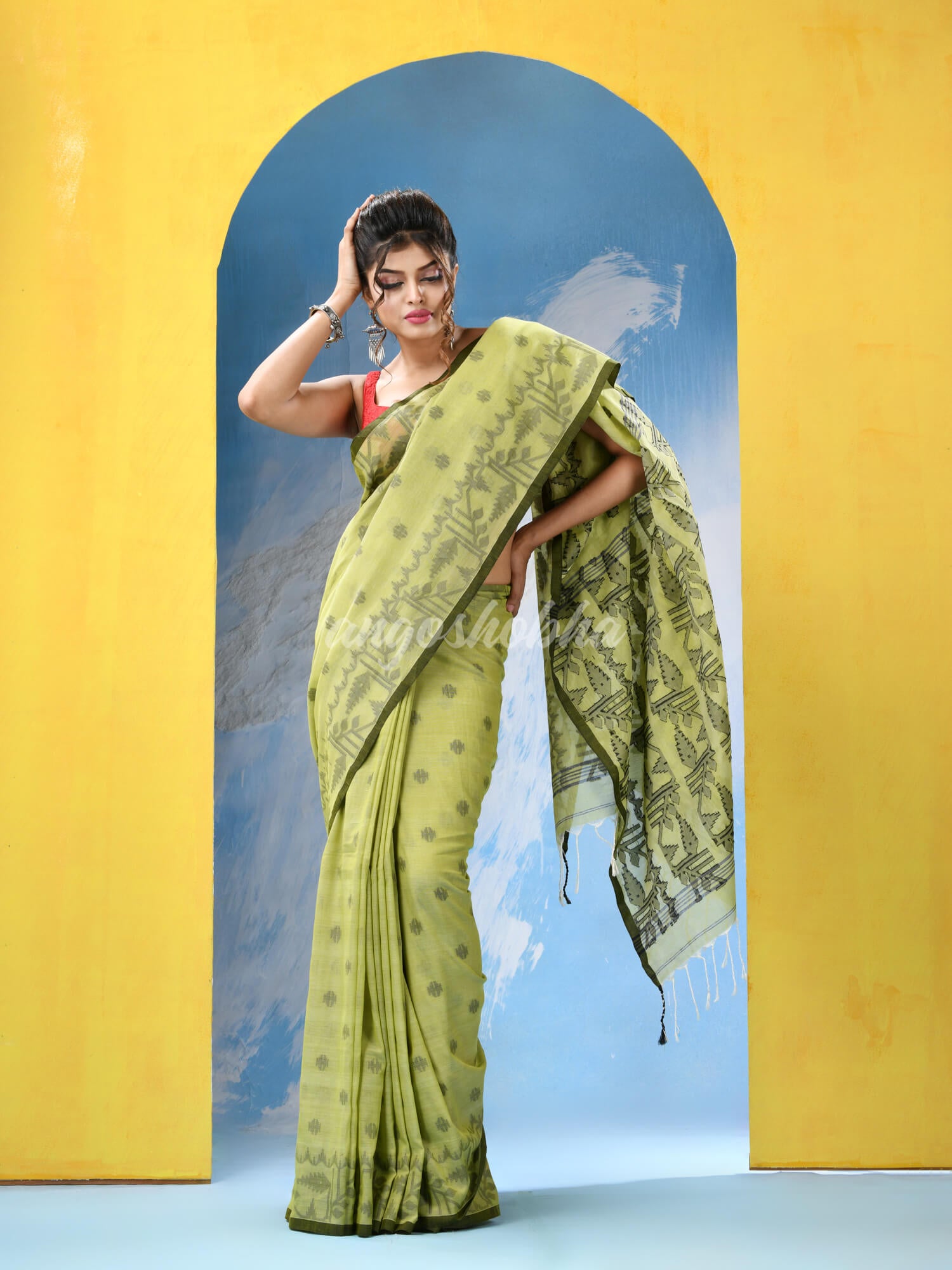 Olive Green Cotton Handloom Saree