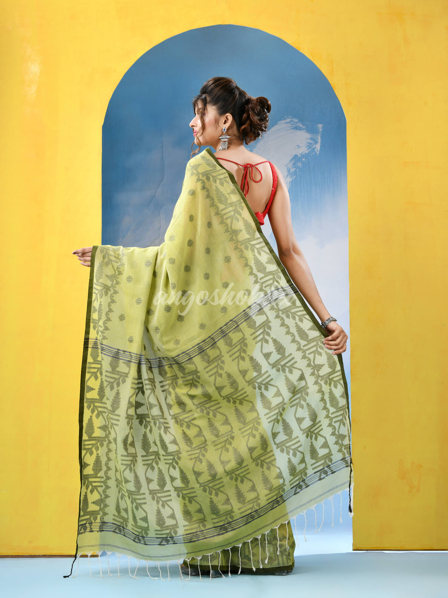 Olive Green Cotton Handloom Saree