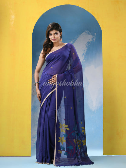 Blue Cotton Handloom Jamdani Saree