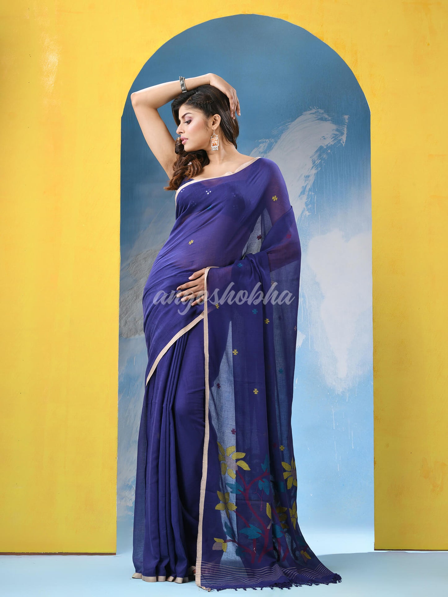 Blue Cotton Handloom Jamdani Saree