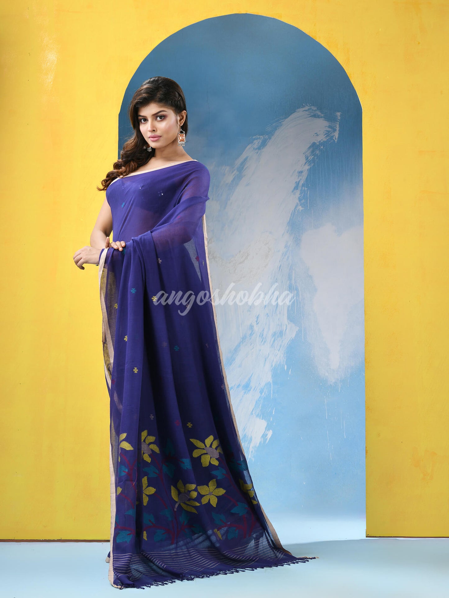 Blue Cotton Handloom Jamdani Saree